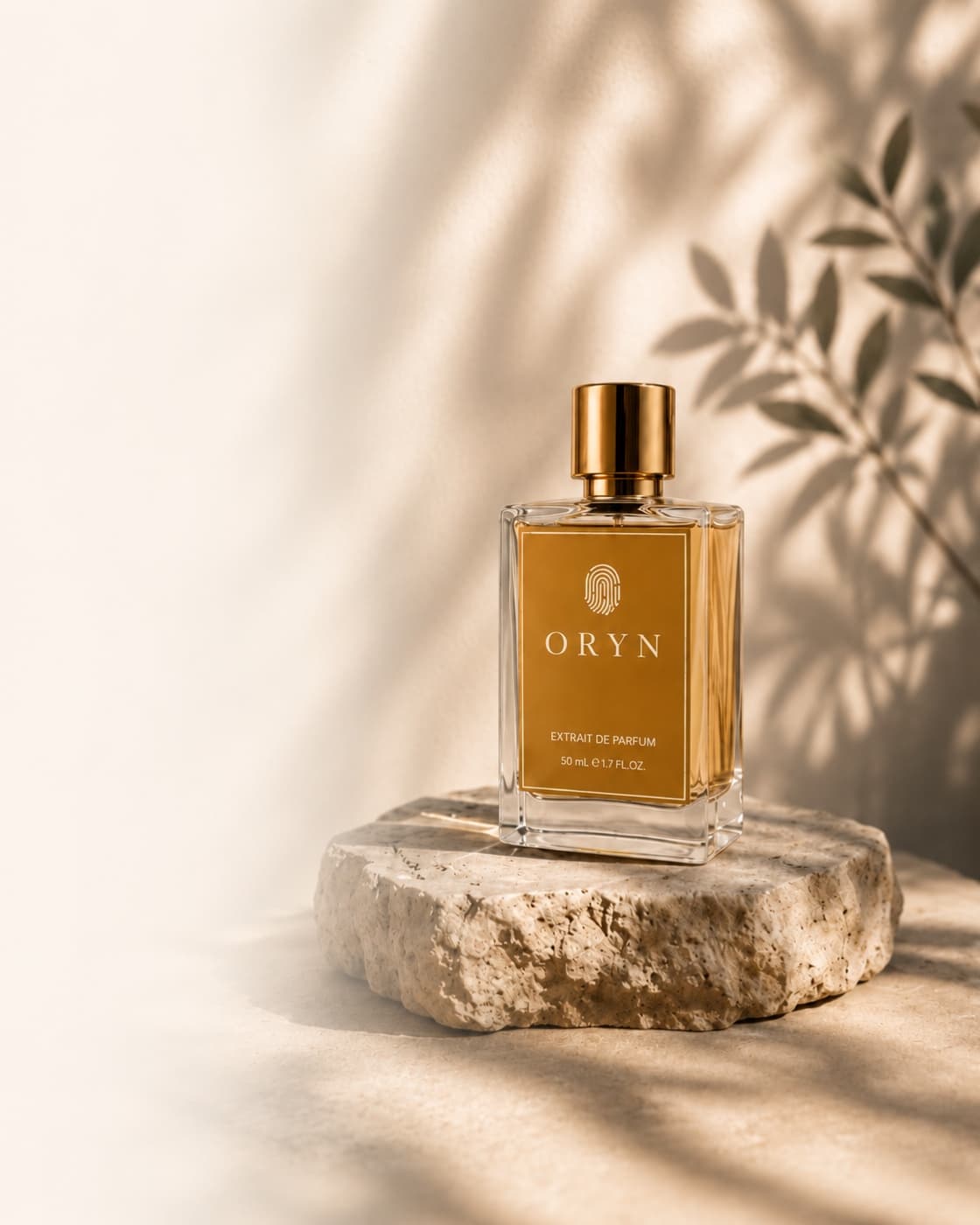 ORYN bottle on stone, in natural light